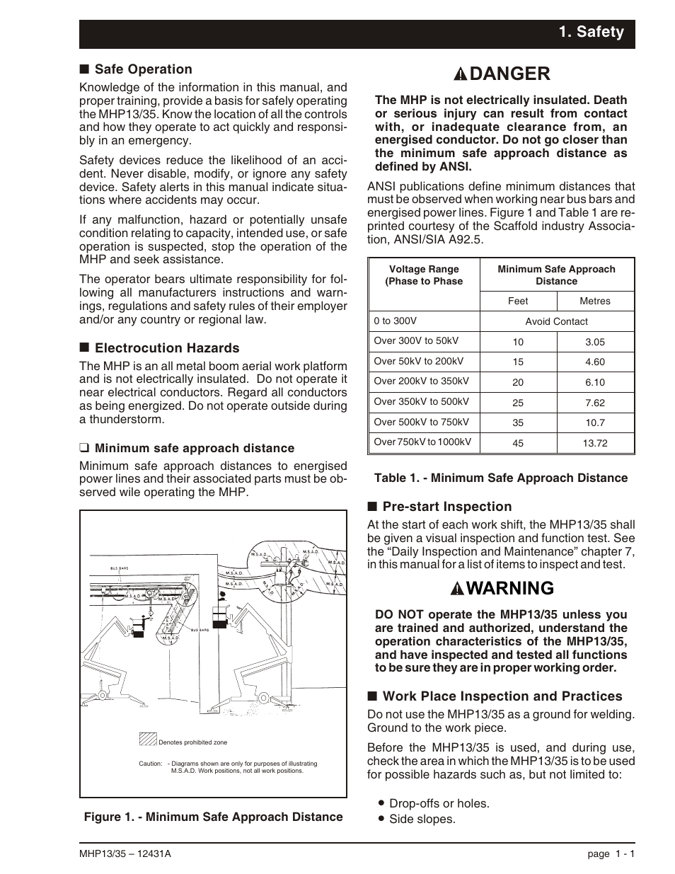 Safety, Safe operation 1-1, Electrocution hazards 1-1 | Minimum safe approach distance 1-1, Pre-start inspection 1-1, Work place inspection and practices 1-1, Pre-start inspection, 1-1, Safe operation, 1-1, Work place inspection and practices, 1-1, Safe operation -1 electrocution hazards -1 | Snorkel MHP35 User Manual | Page 9 / 62