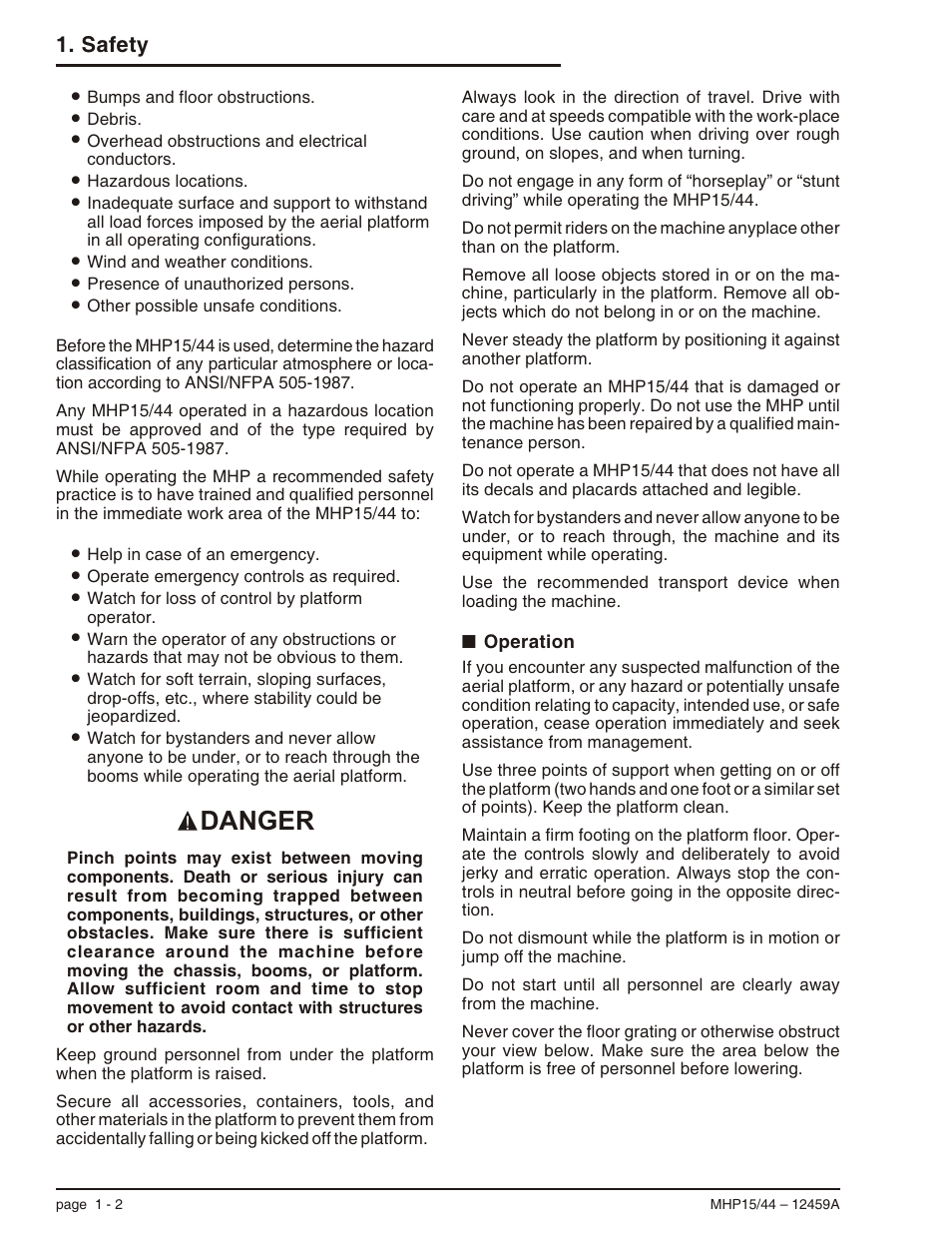 Operation 1-2, Operation -2, Danger | Safety | Snorkel MHP44 User Manual | Page 10 / 62