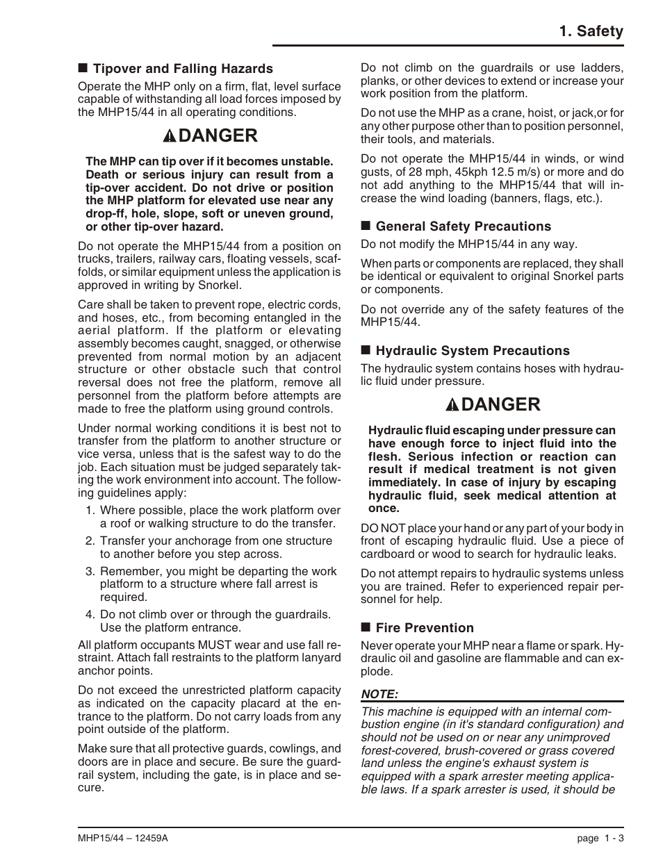 Tipover and falling hazards 1-3, General safety precautions 1-3, Hydraulic system precautions 1-3 | Fire prevention 1-3, Electrocution, 1-3, 8-1, Falling hazards, 1-3, Hydraulic systems, 1-3, Tipover hazard, 1-3, Danger, Safety | Snorkel MHP44 User Manual | Page 11 / 62