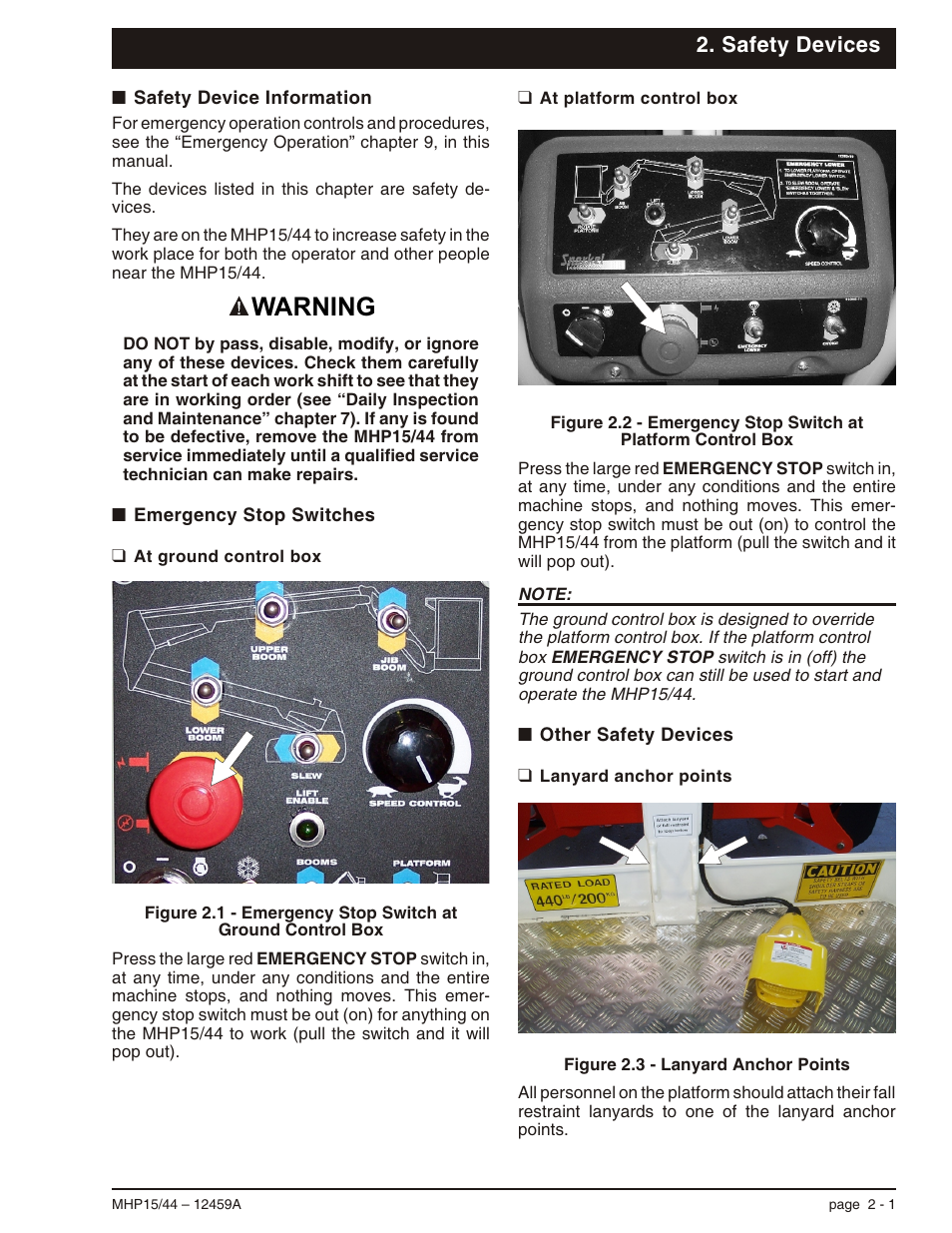 Safety devices, Safety device information 2-1, Emergency stop switches 2-1 | At ground control box 2-1, At platform control box 2-1, Other safety devices 2-1, Lanyard anchor points 2-1, Other safety devices, 2-1, Emergency stop switches, 2-1, Lanyard anchor points, 2-1 | Snorkel MHP44 User Manual | Page 16 / 62