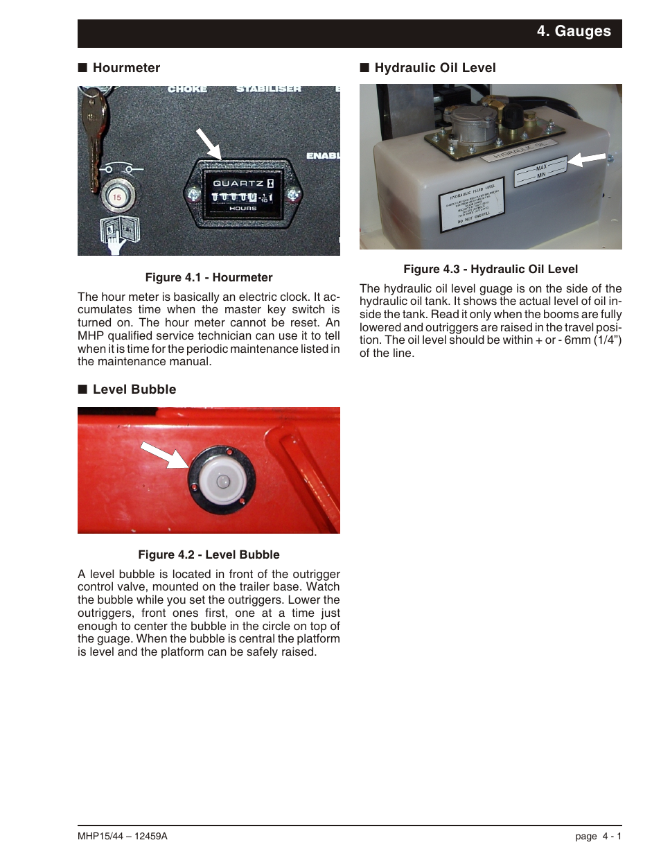 Gauges, Hourmeter 4-1, Level bubble 4-1 | Hydraulic oil level 4-1, Hourmeter, 4-1, Hydraulic oil level, 4-1, Level bubble, 4-1 | Snorkel MHP44 User Manual | Page 26 / 62