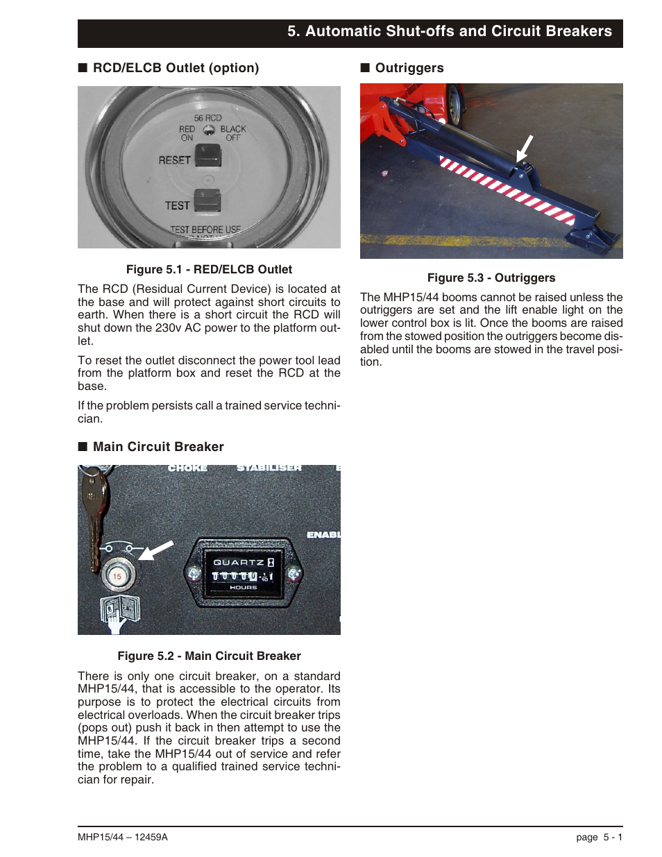 Automatic shut-offs and circuit breakers, Rcd/elcb outlet (option) 5-1, Main circuit breaker 5-1 | Outriggers 5-1, Main circuit breaker, 5-1, Outriggers, 5-1, Rcd/elcb outlet (option), 5-1 | Snorkel MHP44 User Manual | Page 28 / 62