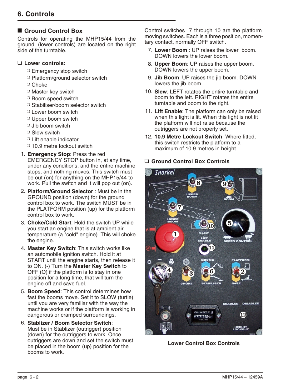 Ground control box 6-2, Lower controls: 6-2, Ground control box controls 6-2 | Boom speed, 6-2, 6-3, Choke/cold start, 6-2, 6-3, 8-2, 8-4, Emergency stop, 6-2, 6-3, 8-1, Jib boom, 6-2, 6-3, Lift enable, 6-2, Lower boom, 6-2, 6-3, Master key switch, 6-2, 7-1, 8-2, 8-3, 9-1 | Snorkel MHP44 User Manual | Page 31 / 62