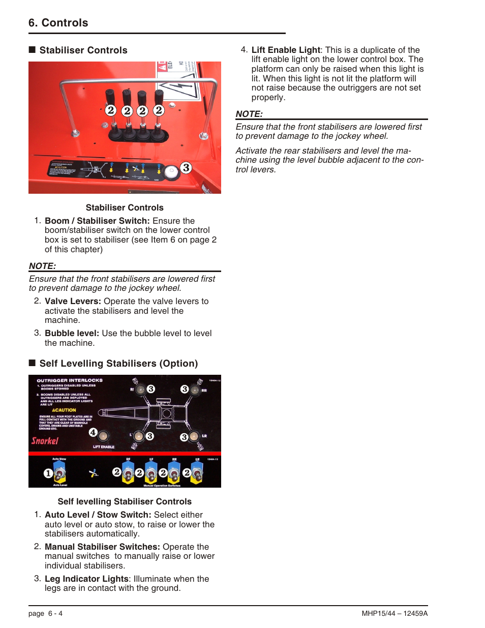 Stabiliser controls 6-4, Self levelling stabilisers (option) 6-4, Controls | Snorkel MHP44 User Manual | Page 33 / 62