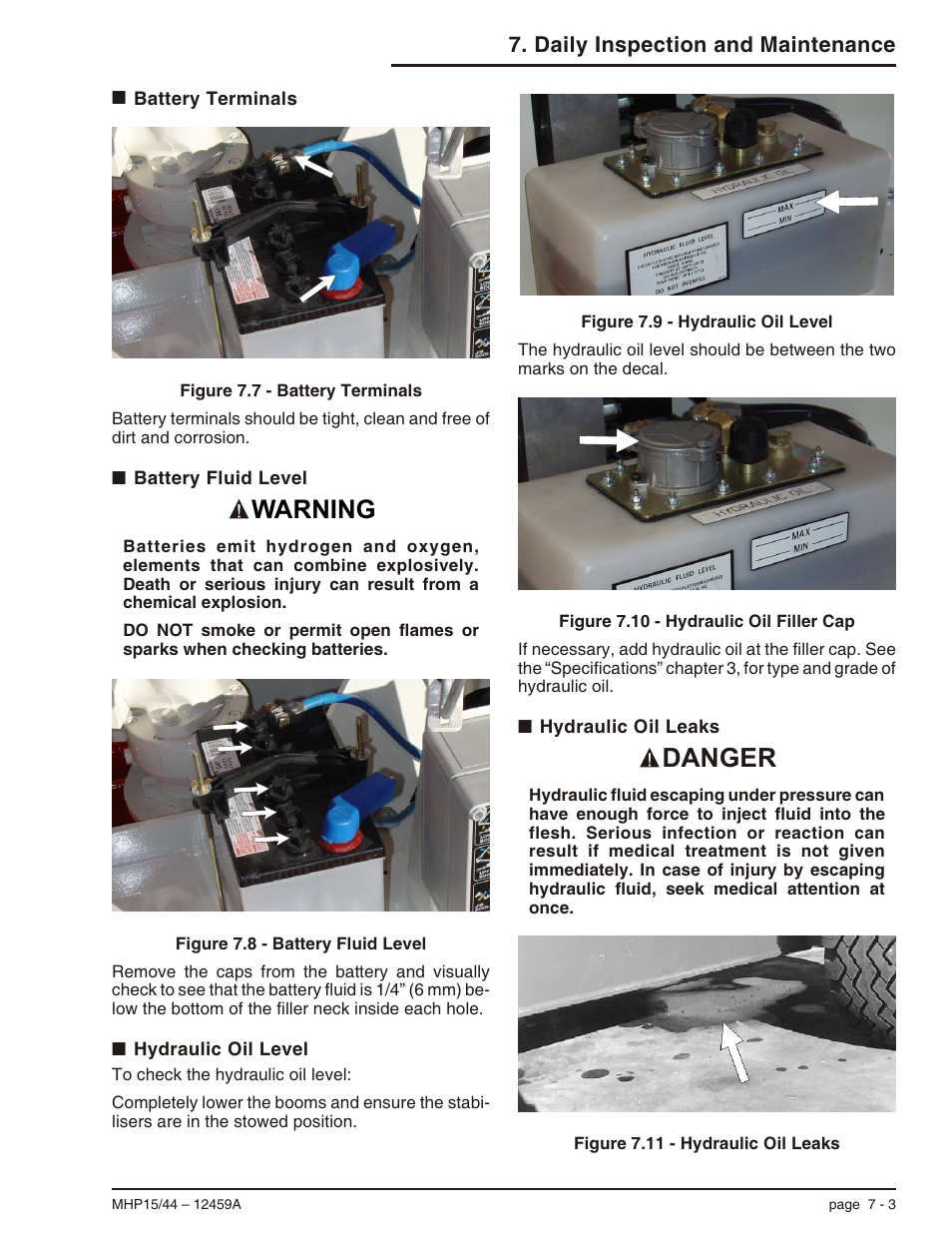 Battery terminals 7-3, Battery fluid level 7-3, Hydraulic oil level 7-3 | Hydraulic oil leaks 7-3, Battery fluid level, 7-3, Battery terminals, 7-3, Filler cap, 7-3, Hydraulic oil level, 7-3, Danger, Warning | Snorkel MHP44 User Manual | Page 36 / 62