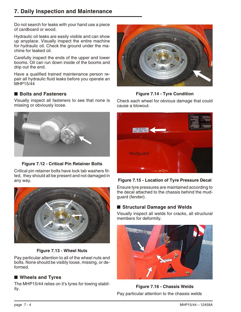 Bolts and fasteners 7-4, Wheels and tyres 7-4, Structural damage and welds 7-4 | Bolts and fasteners, 7-4, Structural damage and welds, 7-4, Wheels and tyres, 7-4, Daily inspection and maintenance | Snorkel MHP44 User Manual | Page 37 / 62