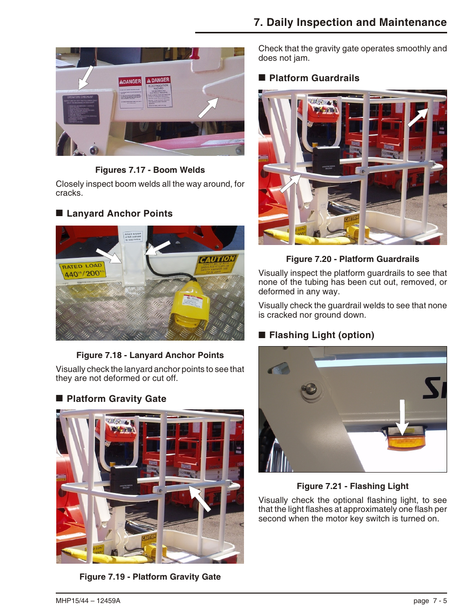 Lanyard anchor points 7-5, Platform gravity gate 7-5, Platform guardrails 7-5 | Flashing light (option) 7-5, Flashing light, 7-5, Light flashing, 7-5, Lanyard anchor points, 7-5, Boom welds, 7-5, Daily inspection and maintenance | Snorkel MHP44 User Manual | Page 38 / 62