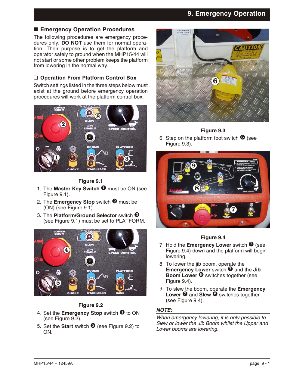 Emergency operation, Emergency operation procedures 9-1, Operation from platform control box 9-1 | Emergency operation, 9-1, Operation from platform control box, 9-1, Procedures, 9-1, Emergency operation procedures -1, Operation from platform control box -1 | Snorkel MHP44 User Manual | Page 47 / 62