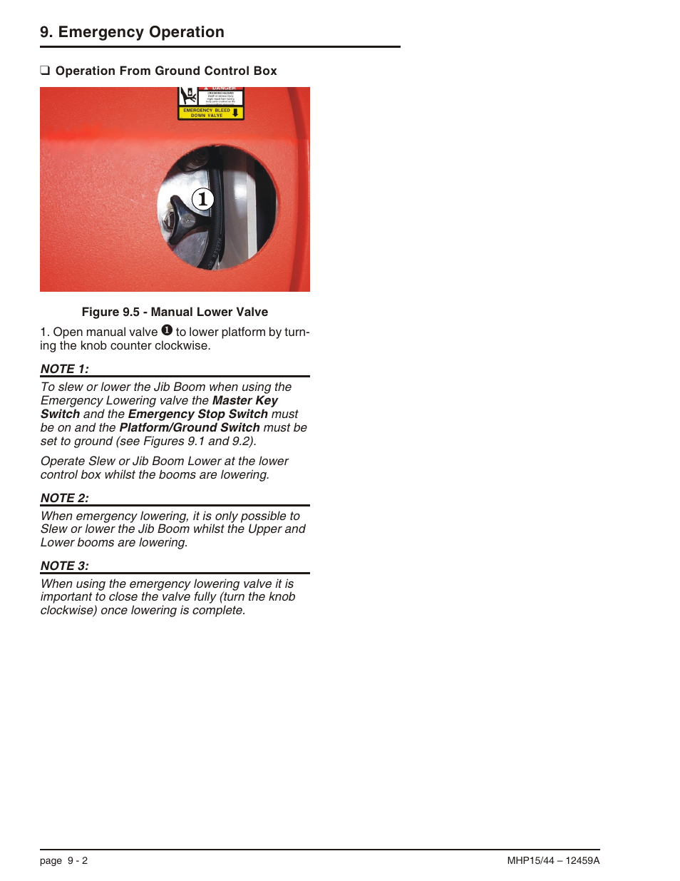 Operation from ground control box 9-2, Operation from ground control box, 9-2, Operation from ground control box -2 | Emergency operation | Snorkel MHP44 User Manual | Page 48 / 62
