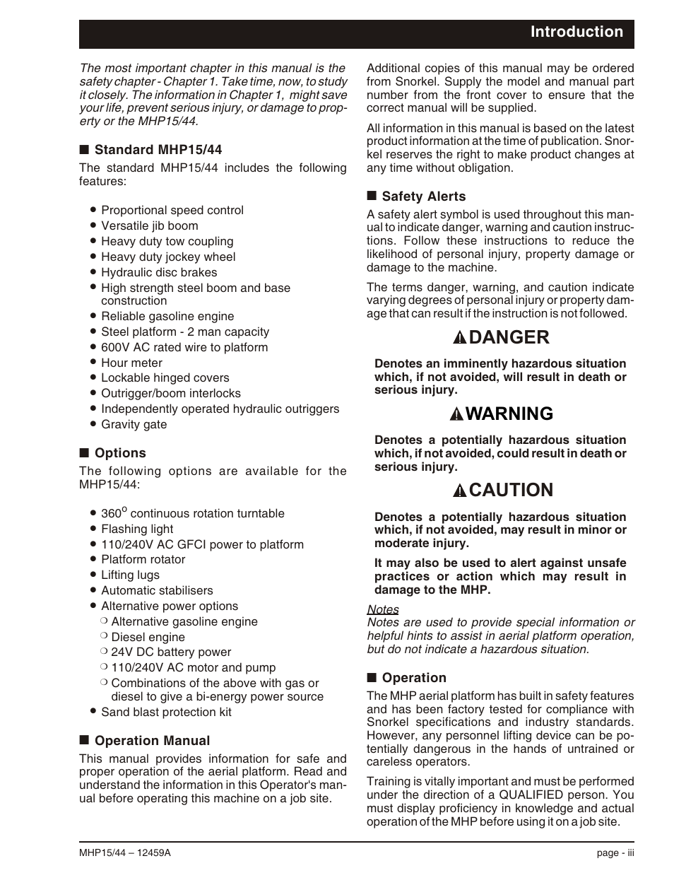 Introduction, Standard mhp15/44 iii, Options iii | Operation manual iii, Safety alerts iii, Operation iii, Danger, Caution, Warning | Snorkel MHP44 User Manual | Page 5 / 62