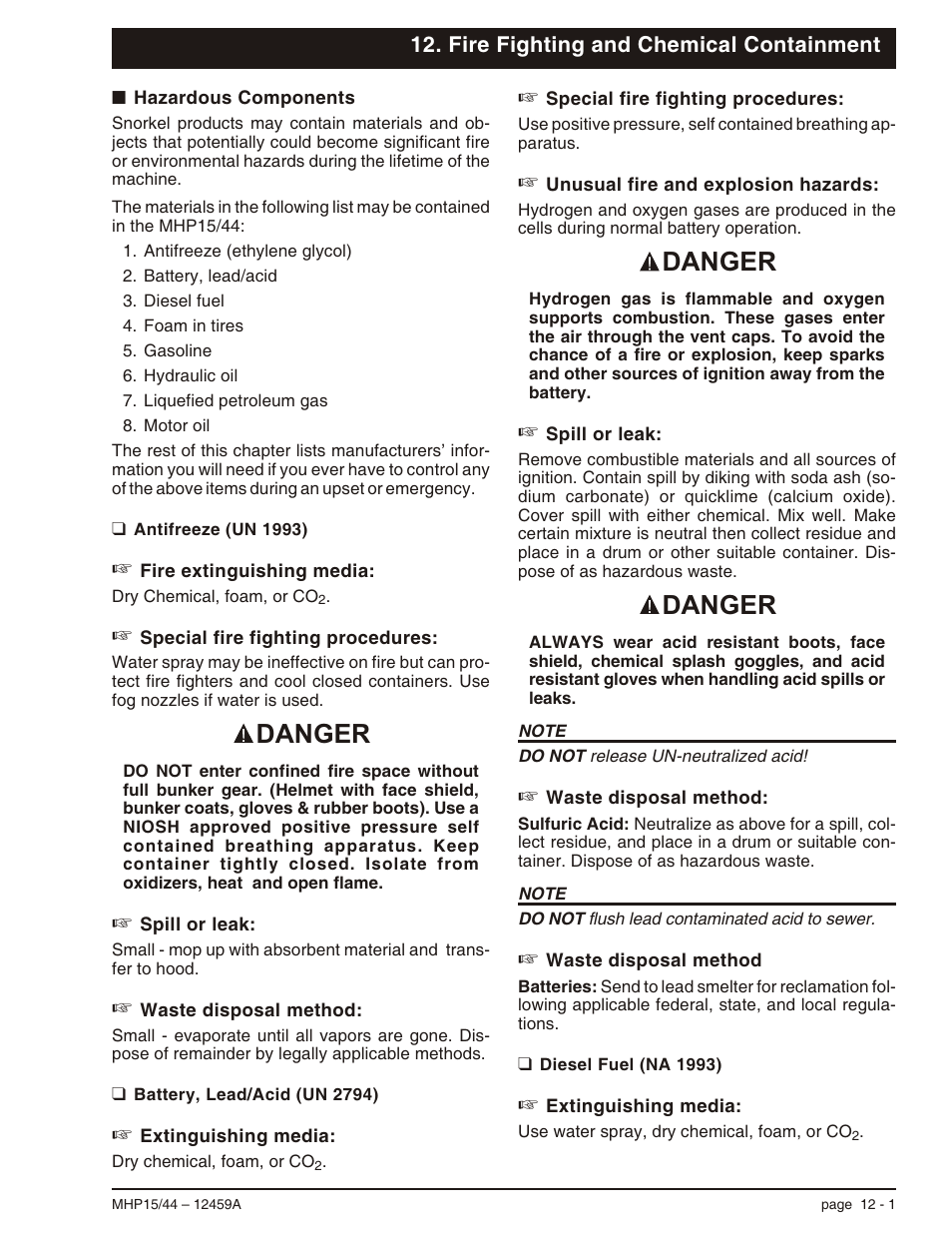 Fire fighting and chemical containment, Hazardous components 12-1, Battery, lead/acid (un 2794) 12-1 | Hazardous components, 12-1, Battery, lead/acid (un 2794), 12-1, Hazardous components -1, Battery, lead/acid (un 2794) -1, Danger | Snorkel MHP44 User Manual | Page 53 / 62