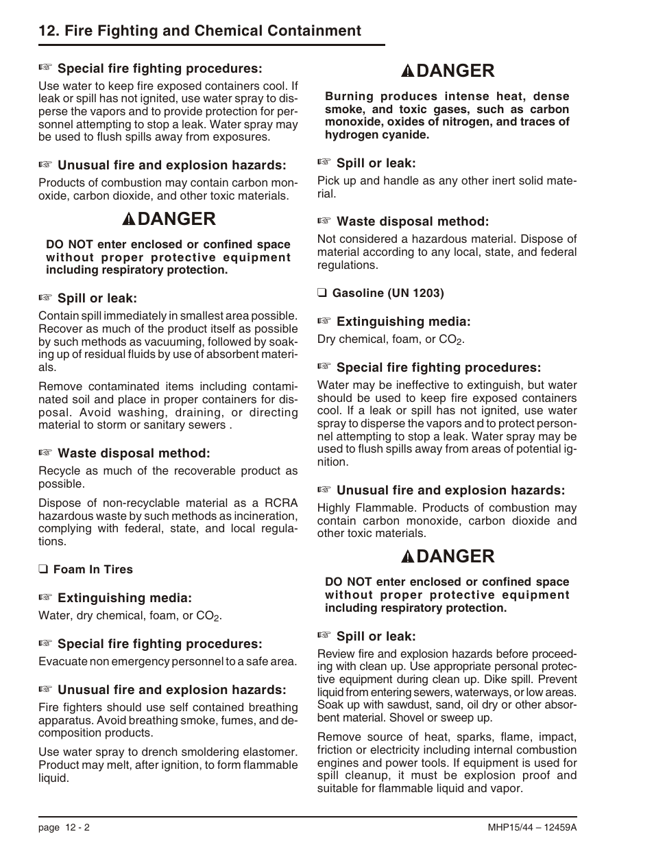 Gasoline (un 1203) 12-2, Gasoline (un 1203), 12-2, Gasoline (un 1203) -2 | Danger | Snorkel MHP44 User Manual | Page 54 / 62