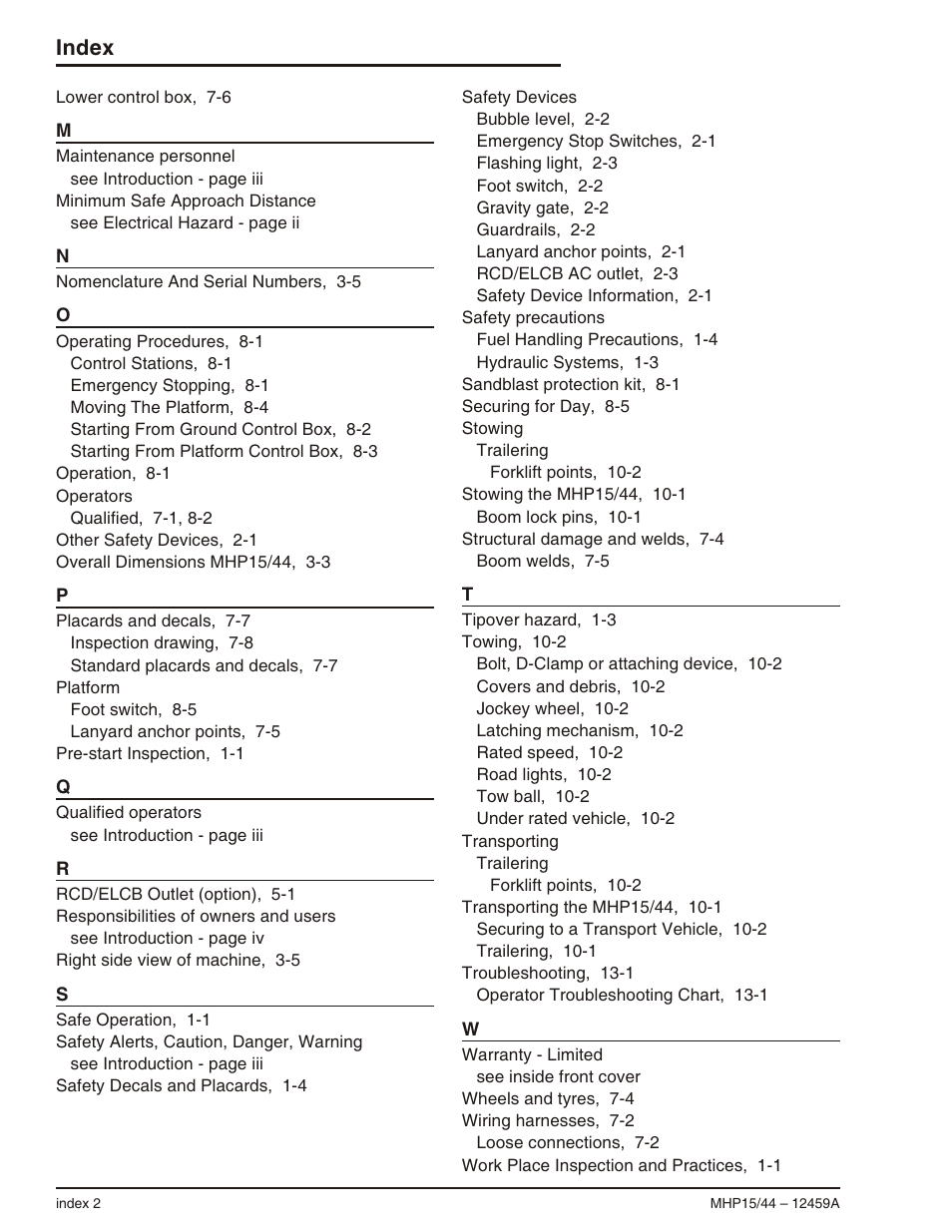 Index | Snorkel MHP44 User Manual | Page 60 / 62