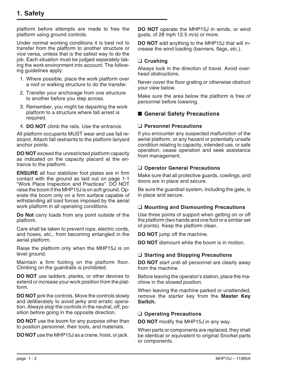 Crushing 1-2, General safety precautions 1-2, Personnel precautions 1-2 | Operator general precautions 1-2, Mounting and dismounting precautions 1-2, Starting and stopping precautions 1-2, Operating precautions 1-2, Crushing hazard, 1-2, Mounting and dismounting precautions, 1-2, Operating precautions, 1-2 | Snorkel MHP15J User Manual | Page 10 / 70