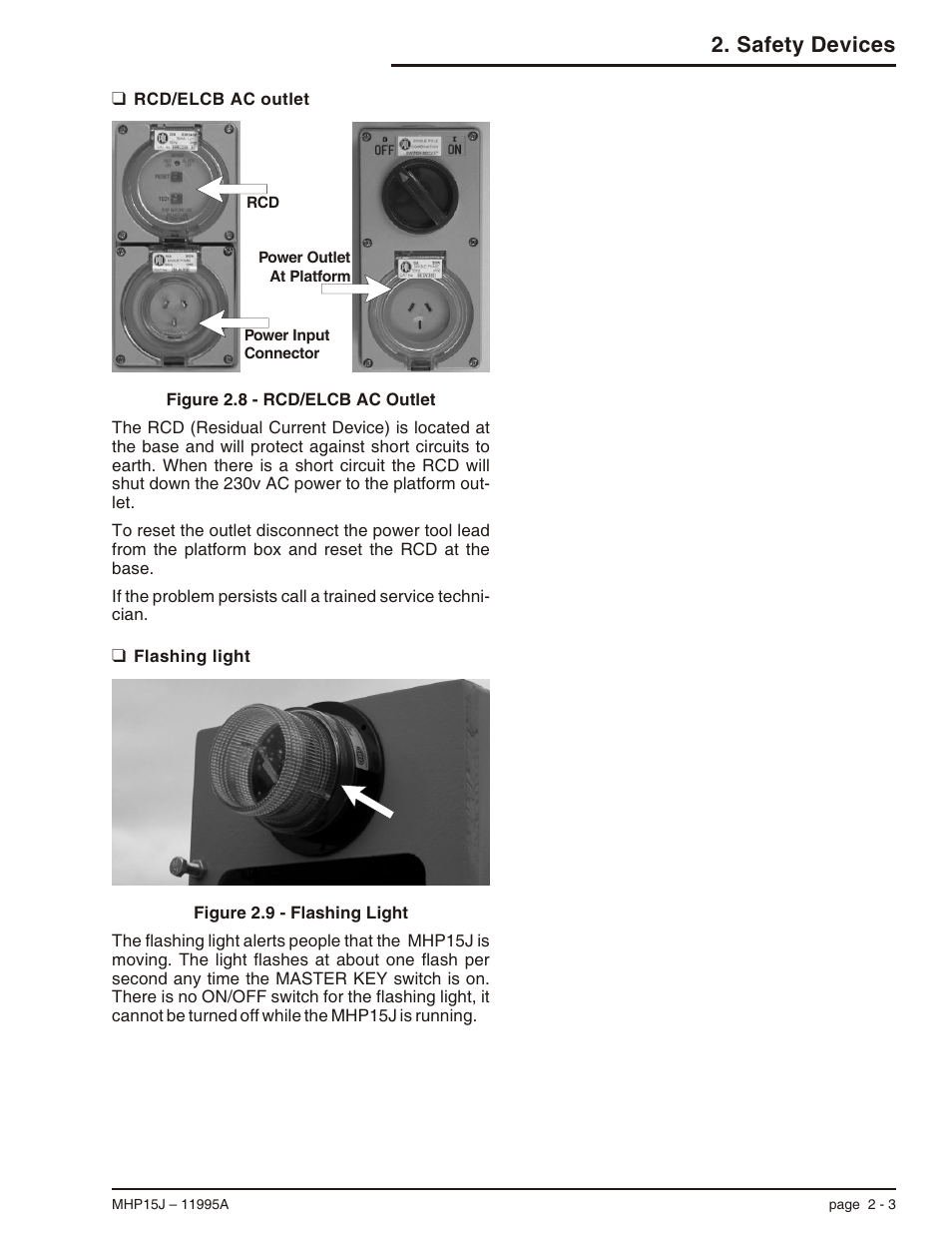 Rcd/elcb ac outlet 2-3, Flashing light 2-3, Flashing light, 2-3 | Rcd/elcb ac outlet, 2-3, Rcd/elcb ac outlet -3 flashing light -3, Safety devices | Snorkel MHP15J User Manual | Page 19 / 70
