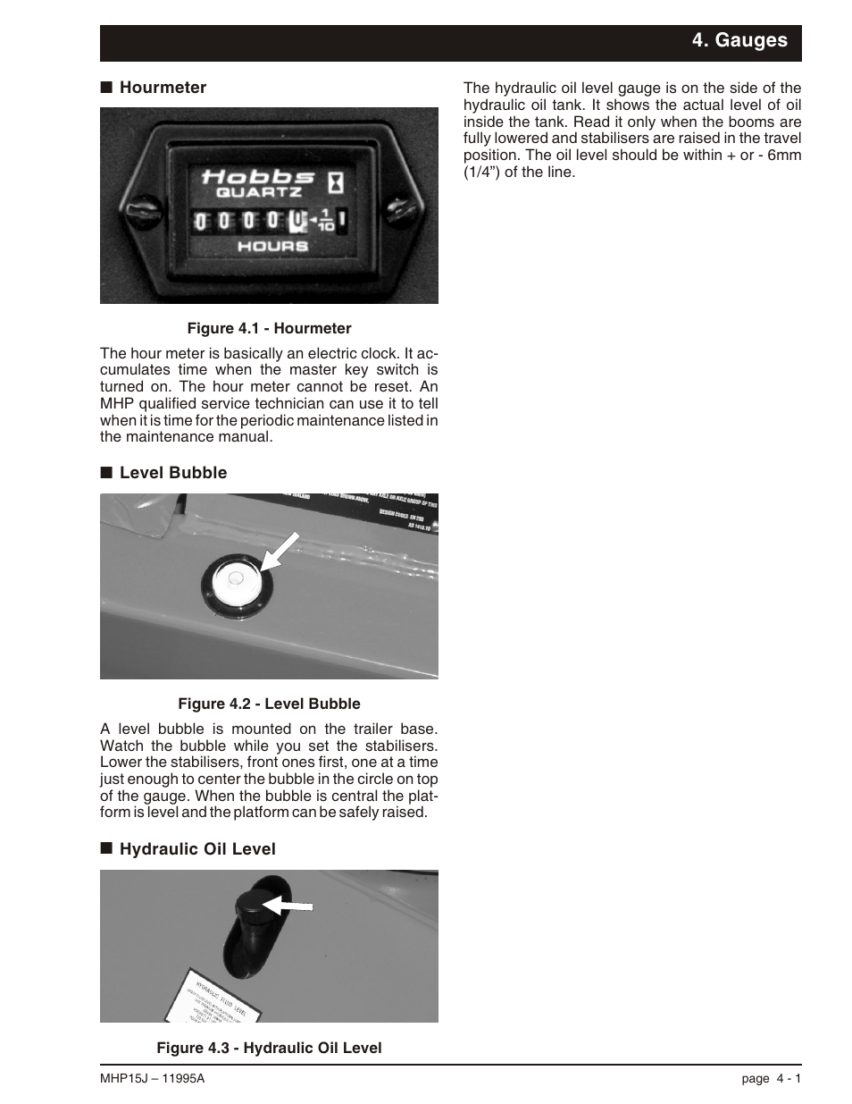 Gauges, Hourmeter 4-1, Level bubble 4-1 | Hydraulic oil level 4-1, Hourmeter, 4-1, Hydraulic oil level, 4-1, Level bubble, 4-1 | Snorkel MHP15J User Manual | Page 27 / 70