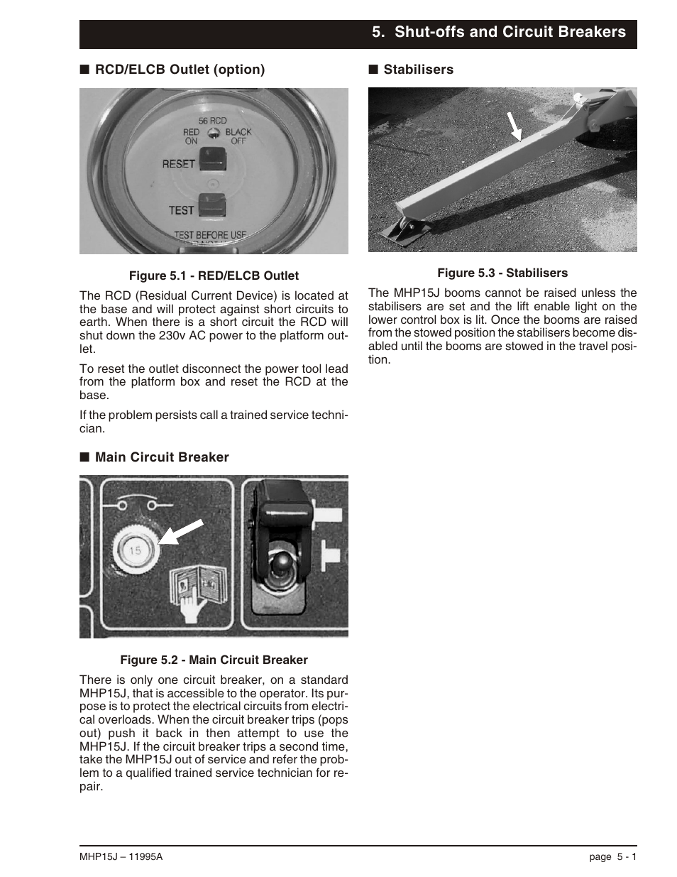 Shut-offs and circuit breakers, Rcd/elcb outlet (option) 5-1, Main circuit breaker 5-1 | Stabilisers 5-1, Main circuit breaker, 5-1, Stabilisers, 5-1, Rcd/elcb outlet (option), 5-1 | Snorkel MHP15J User Manual | Page 29 / 70