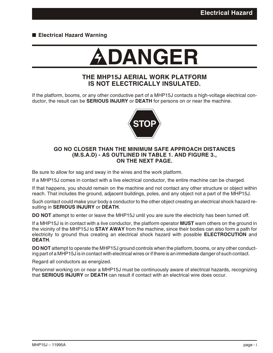Electrical hazard, Electrical hazard warning i, Danger | Snorkel MHP15J User Manual | Page 3 / 70