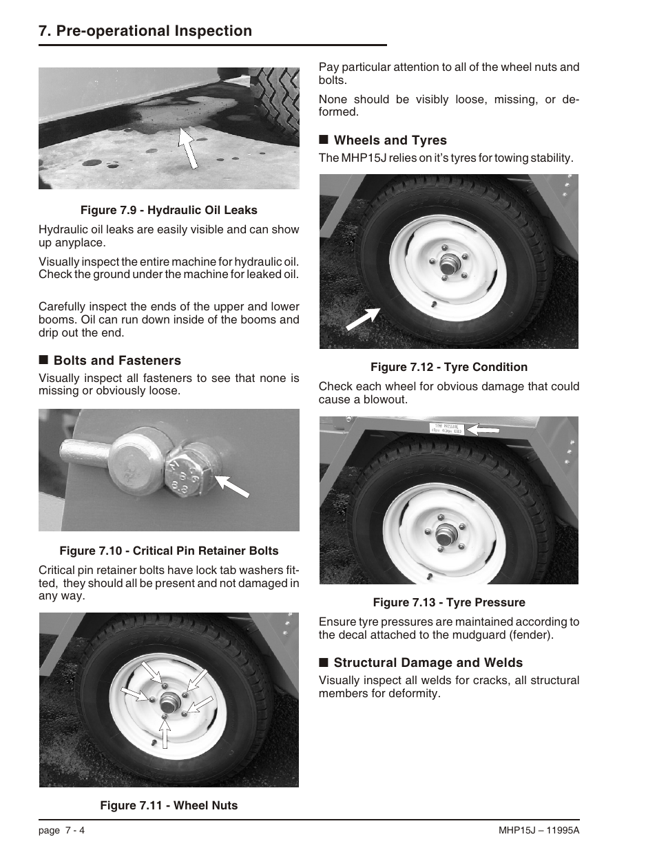 Bolts and fasteners 7-4, Wheels and tyres 7-4, Structural damage and welds 7-4 | Bolts and fasteners, 7-4, Structural damage and welds, 7-4, Wheels and tyres, 7-4, Pre-operational inspection | Snorkel MHP15J User Manual | Page 40 / 70