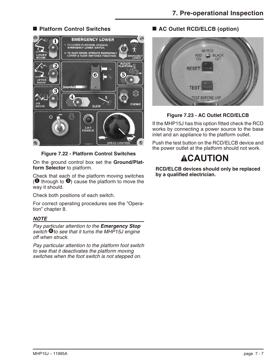 Platform control switches 7-7, Ac outlet rcd/elcb (option) 7-7, Ac outlet rcd/elcb, 7-7 | Caution | Snorkel MHP15J User Manual | Page 43 / 70