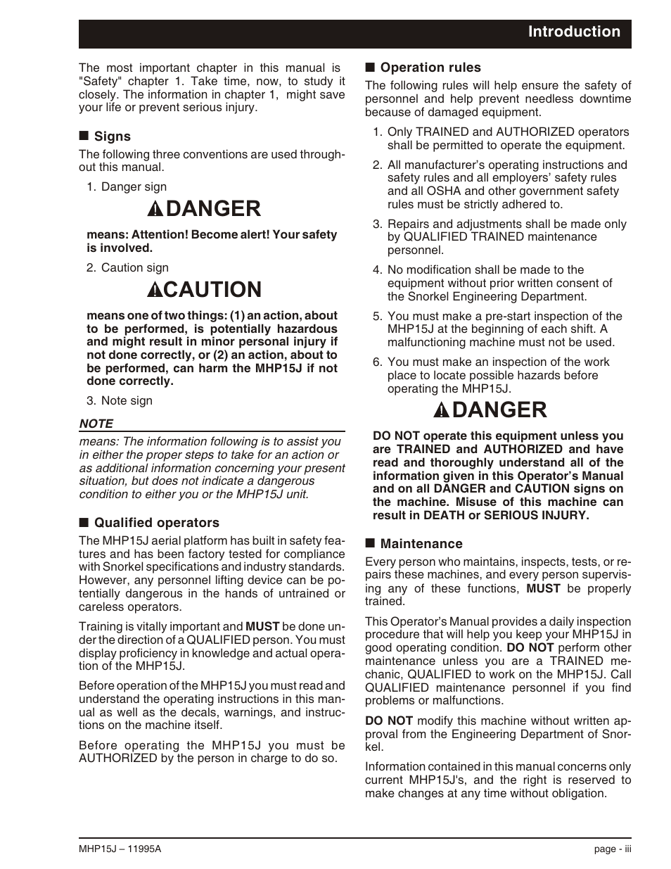 Introduction, Signs iii, Qualified operators iii | Operation rules iii, Maintenance iii, Danger caution danger | Snorkel MHP15J User Manual | Page 5 / 70