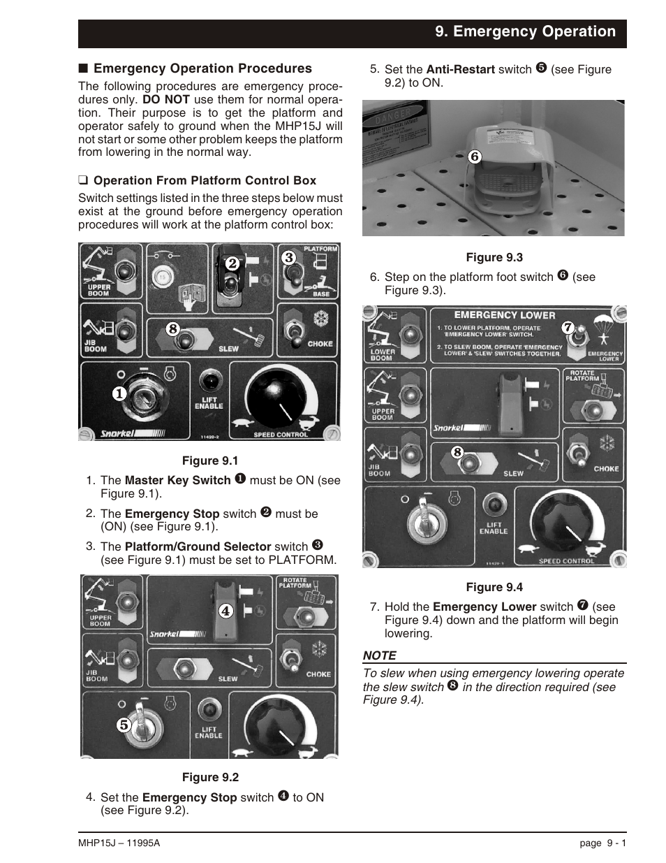Emergency operation, Emergency operation procedures 9-1, Operation from platform control box 9-1 | Emergency operation, 9-1, Operation from platform control box, 9-1, Procedures, 9-1, Emergency operation procedures -1, Operation from platform control box -1 | Snorkel MHP15J User Manual | Page 55 / 70