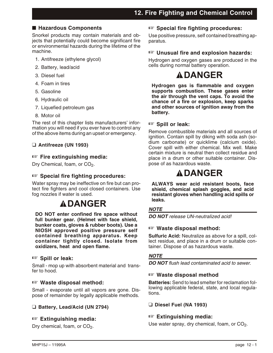 Fire fighting and chemical control, Hazardous components 12-1, Battery, lead/acid (un 2794) 12-1 | Hazardous components, 12-1, Battery, lead/acid (un 2794), 12-1, Hazardous components -1, Battery, lead/acid (un 2794) -1, Danger | Snorkel MHP15J User Manual | Page 61 / 70