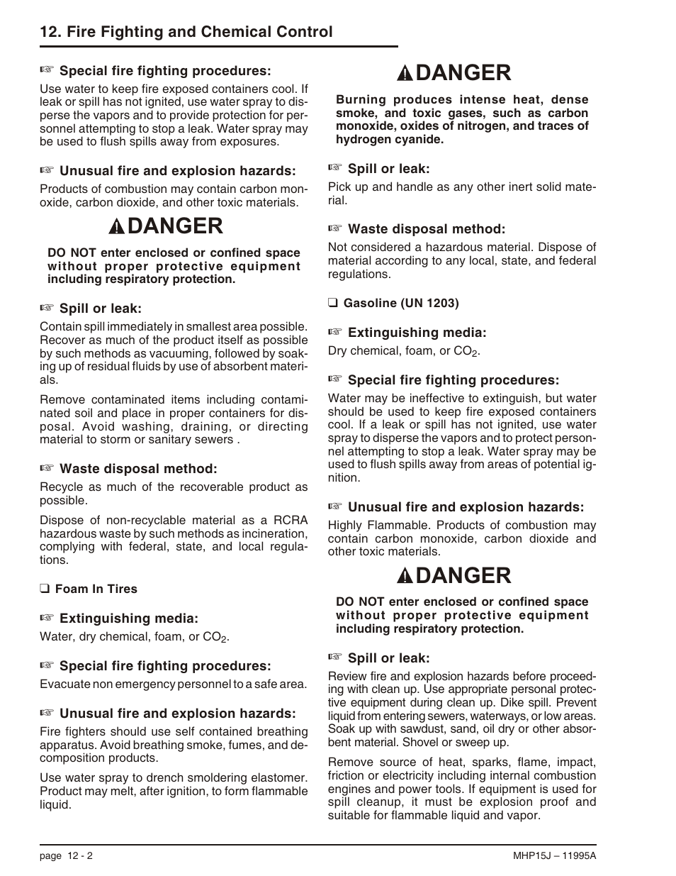 Gasoline (un 1203) 12-2, Gasoline (un 1203), 12-2, Gasoline (un 1203) -2 | Danger | Snorkel MHP15J User Manual | Page 62 / 70
