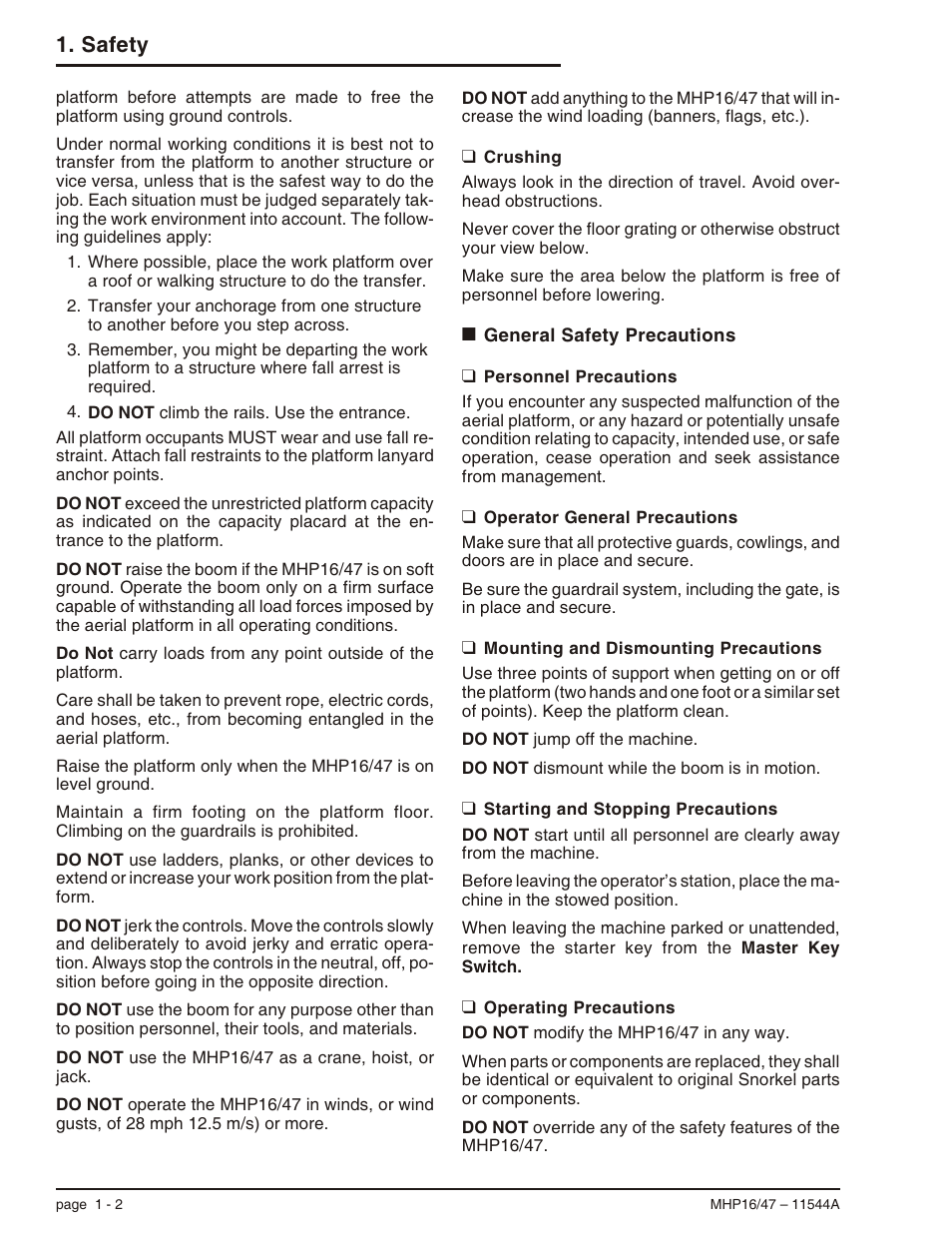 Crushing 1-2, General safety precautions 1-2, Personnel precautions 1-2 | Operator general precautions 1-2, Mounting and dismounting precautions 1-2, Starting and stopping precautions 1-2, Operating precautions 1-2, Crushing hazard, 1-2, Mounting and dismounting precautions, 1-2, Operating precautions, 1-2 | Snorkel MHP17 User Manual | Page 10 / 65