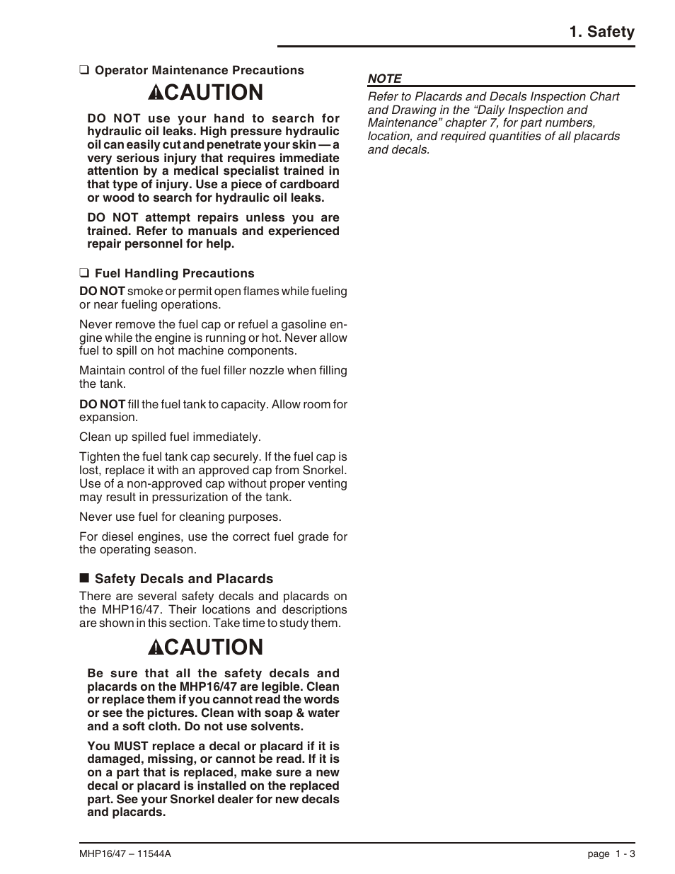 Operator maintenance precautions 1-3, Fuel handling precautions 1-3, Safety decals and placards 1-3 | Safety decals and placards, 1-3, Fuel handling precautions, 1-3, Operator maintenance precautions, 1-3, Safety decals and placards -3, Caution | Snorkel MHP17 User Manual | Page 11 / 65