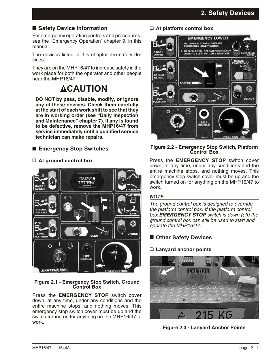 Safety devices, Safety device information 2-1, Emergency stop switches 2-1 | At ground control box 2-1, At platform control box 2-1, Other safety devices 2-1, Lanyard anchor points 2-1, Other safety devices, 2-1, Emergency stop switches, 2-1, Lanyard anchor points, 2-1 | Snorkel MHP17 User Manual | Page 17 / 65