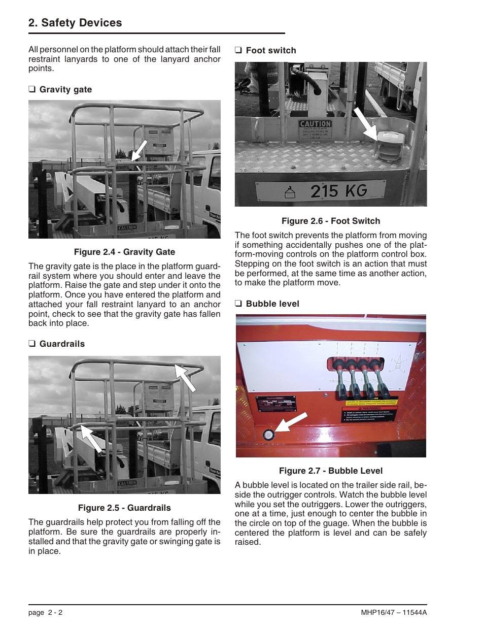 Gravity gate 2-2, Guardrails 2-2, Foot switch 2-2 | Bubble level 2-2, Bubble level, 2-2, Foot switch, 2-2, Gravity gate, 2-2, Guardrails, 2-2, Safety devices | Snorkel MHP17 User Manual | Page 18 / 65