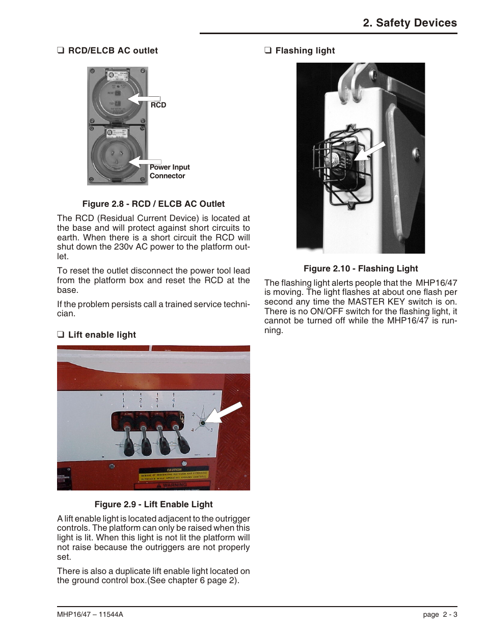 Rcd/elcb ac outlet 2-3, Lift enable light 2-3, Flashing light 2-3 | Flashing light, 2-3, Lift enable light, 2-3, Rcd/elcb ac outlet, 2-3, Safety devices | Snorkel MHP17 User Manual | Page 19 / 65