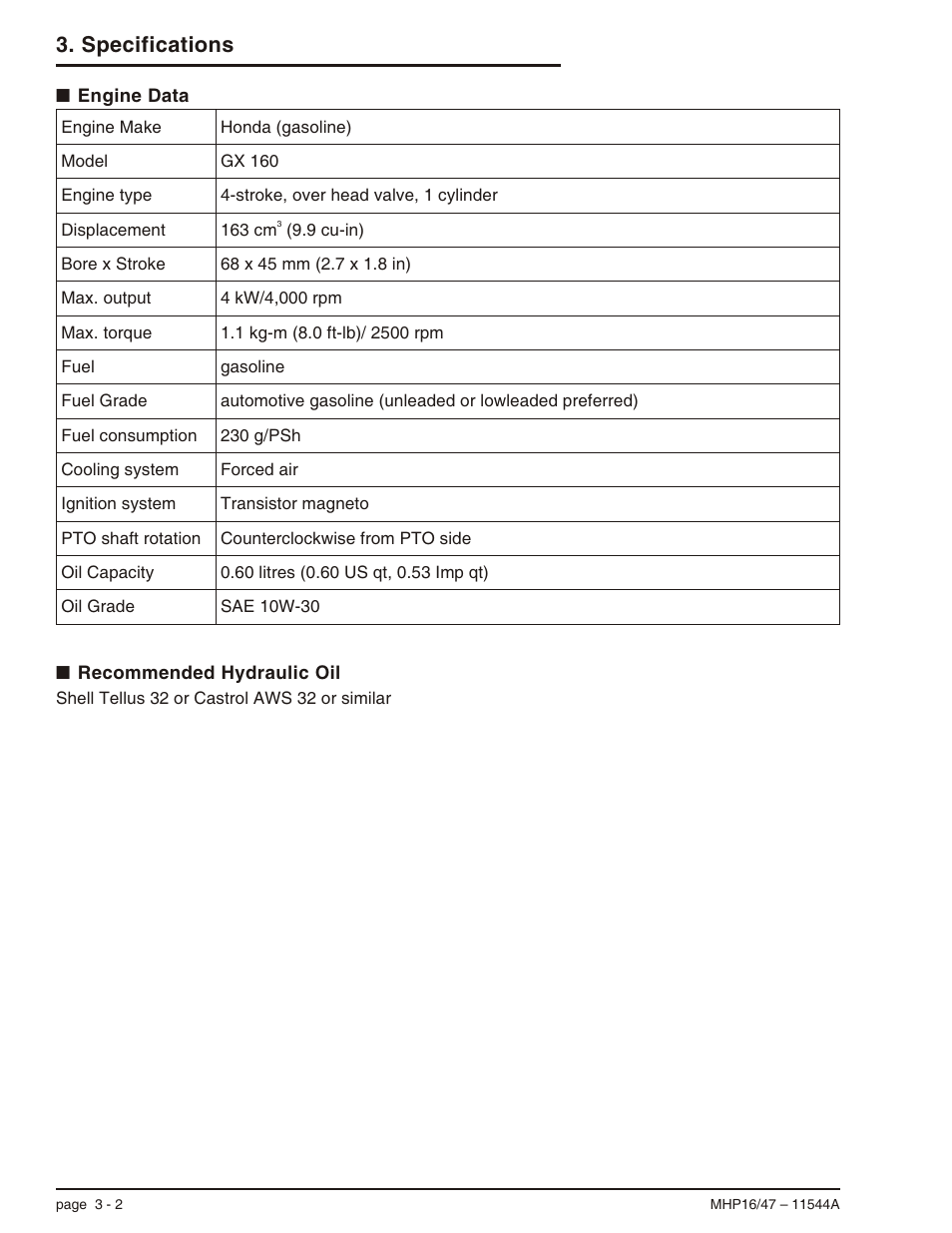 Recommended hydraulic oil 3-2, Engine data 3-2, Cooling system, 3-2 | Displacement, 3-2, Fuel, 3-2, Fuel consumption, 3-2, Fuel grade, 3-2, Ignition system, 3-2, Make, 3-2, Model, 3-2 | Snorkel MHP17 User Manual | Page 22 / 65