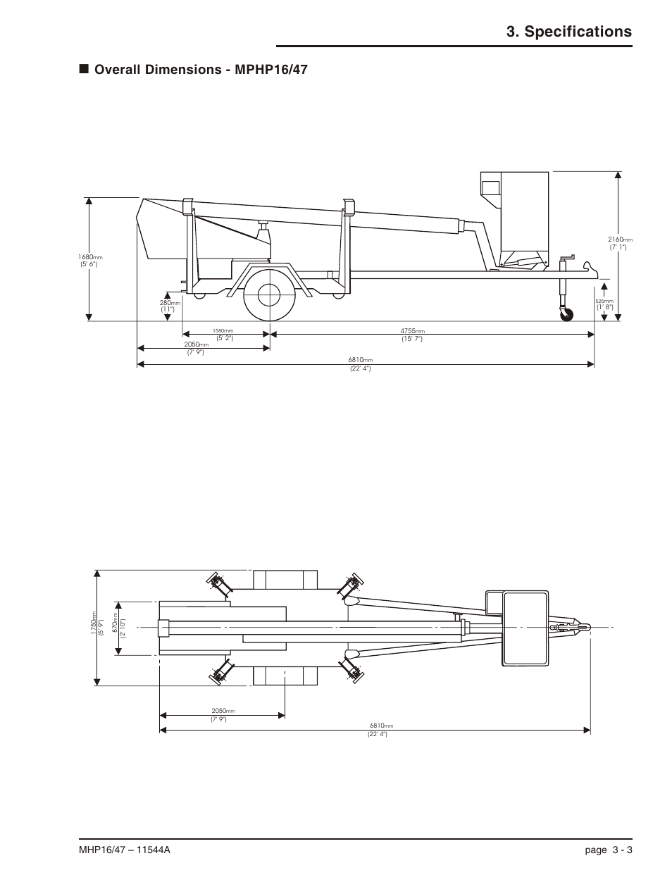 Overall dimensions - mphp16/47 3-3, Overall dimensions mhp16/47, 3-3, Overall dimensions - mphp16/47 -3 | Specifications | Snorkel MHP17 User Manual | Page 23 / 65