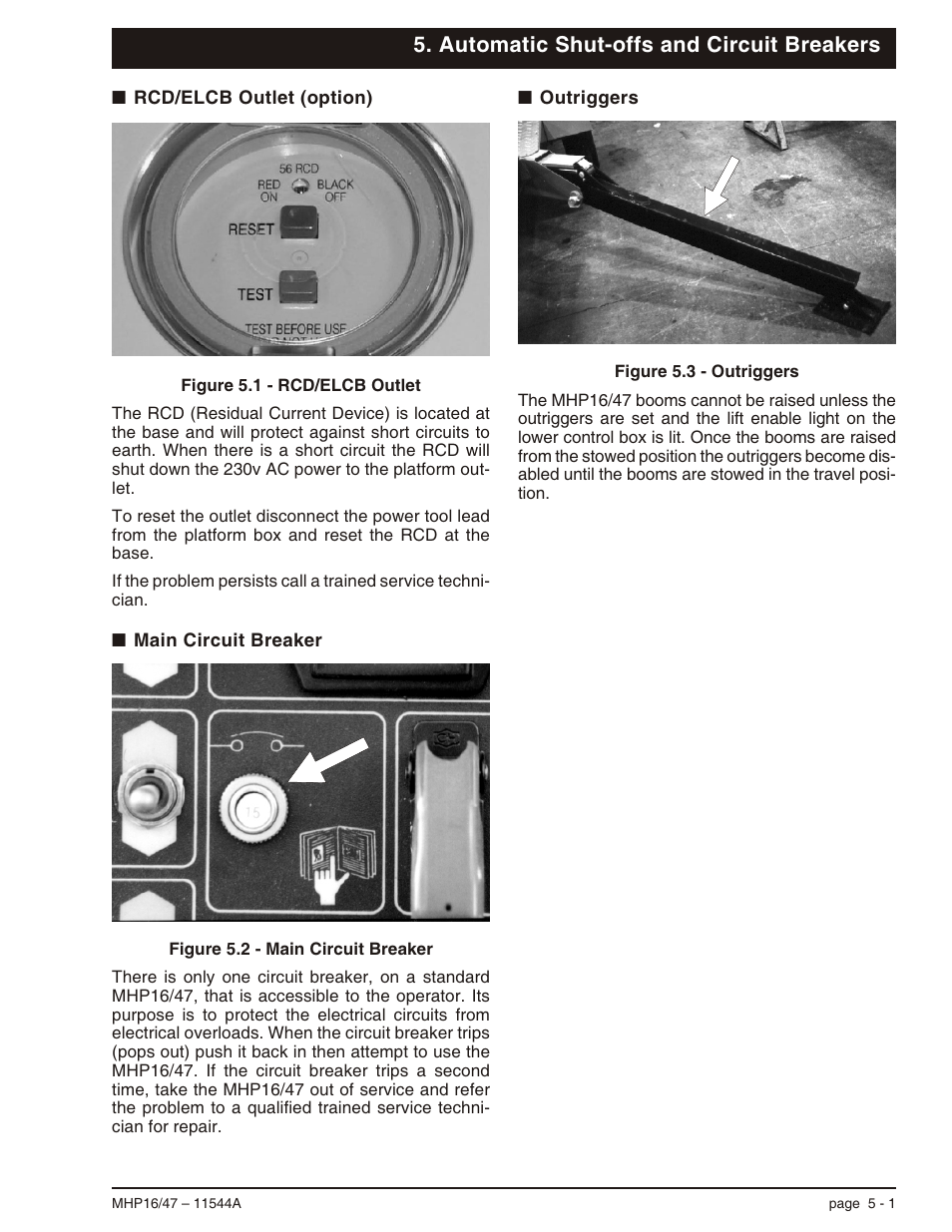Automatic shut-offs and circuit breakers, Rcd/elcb outlet (option) 5-1, Main circuit breaker 5-1 | Outriggers 5-1, Main circuit breaker, 5-1, Outriggers, 5-1, Rcd/elcb outlet (option), 5-1 | Snorkel MHP17 User Manual | Page 29 / 65