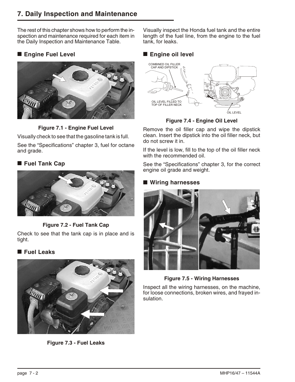 Engine fuel level 7-2, Fuel tank cap 7-2, Fuel leaks 7-2 | Engine oil level 7-2, Wiring harnesses 7-2, Engine oil level, 7-2, Fuel leaks, 7-2, Fuel tank cap, 7-2, Wiring harnesses, 7-2, Loose connections, 7-2 | Snorkel MHP17 User Manual | Page 38 / 65