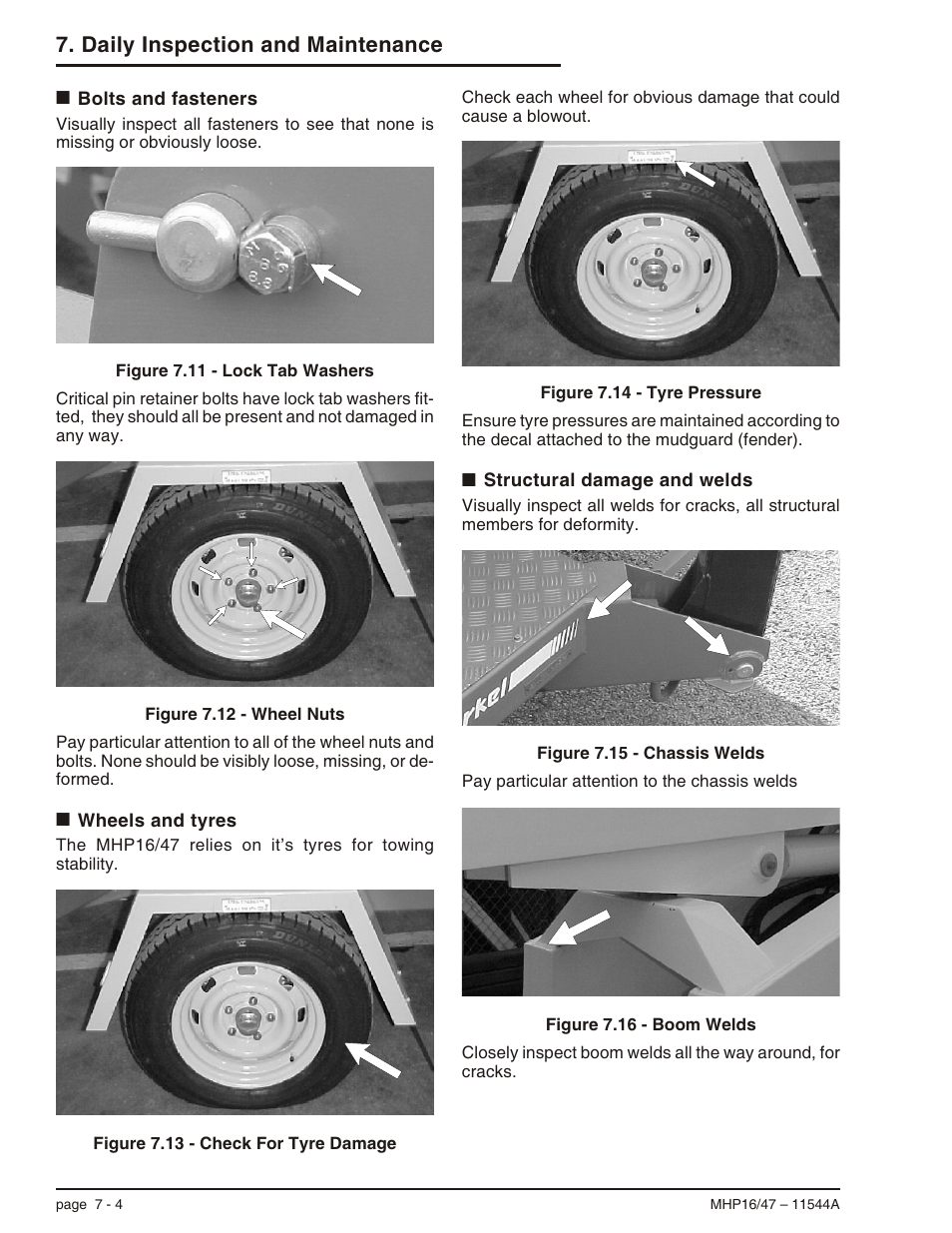 Bolts and fasteners 7-4, Wheels and tyres 7-4, Structural damage and welds 7-4 | Bolts and fasteners, 7-4, Structural damage and welds, 7-4, Boom welds, 7-4, Wheels and tyres, 7-4, Daily inspection and maintenance | Snorkel MHP17 User Manual | Page 40 / 65