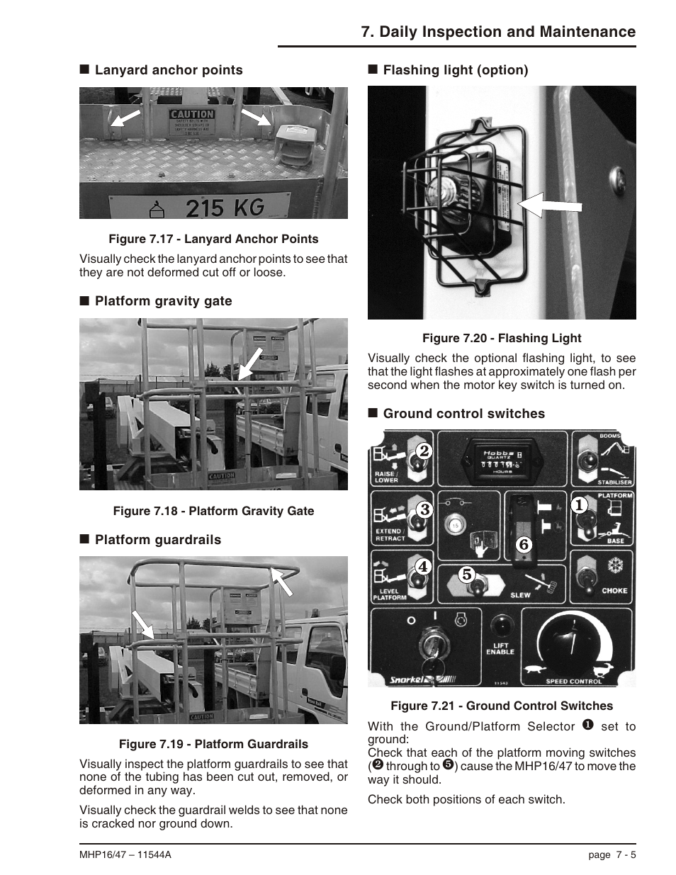 Lanyard anchor points 7-5, Platform gravity gate 7-5, Platform guardrails 7-5 | Flashing light (option) 7-5, Ground control switches 7-5, Flashing light, 7-5, Light flashing, 7-5, Gravity gate, 7-5, Guardrails, 7-5, Lanyard anchor points, 7-5 | Snorkel MHP17 User Manual | Page 41 / 65