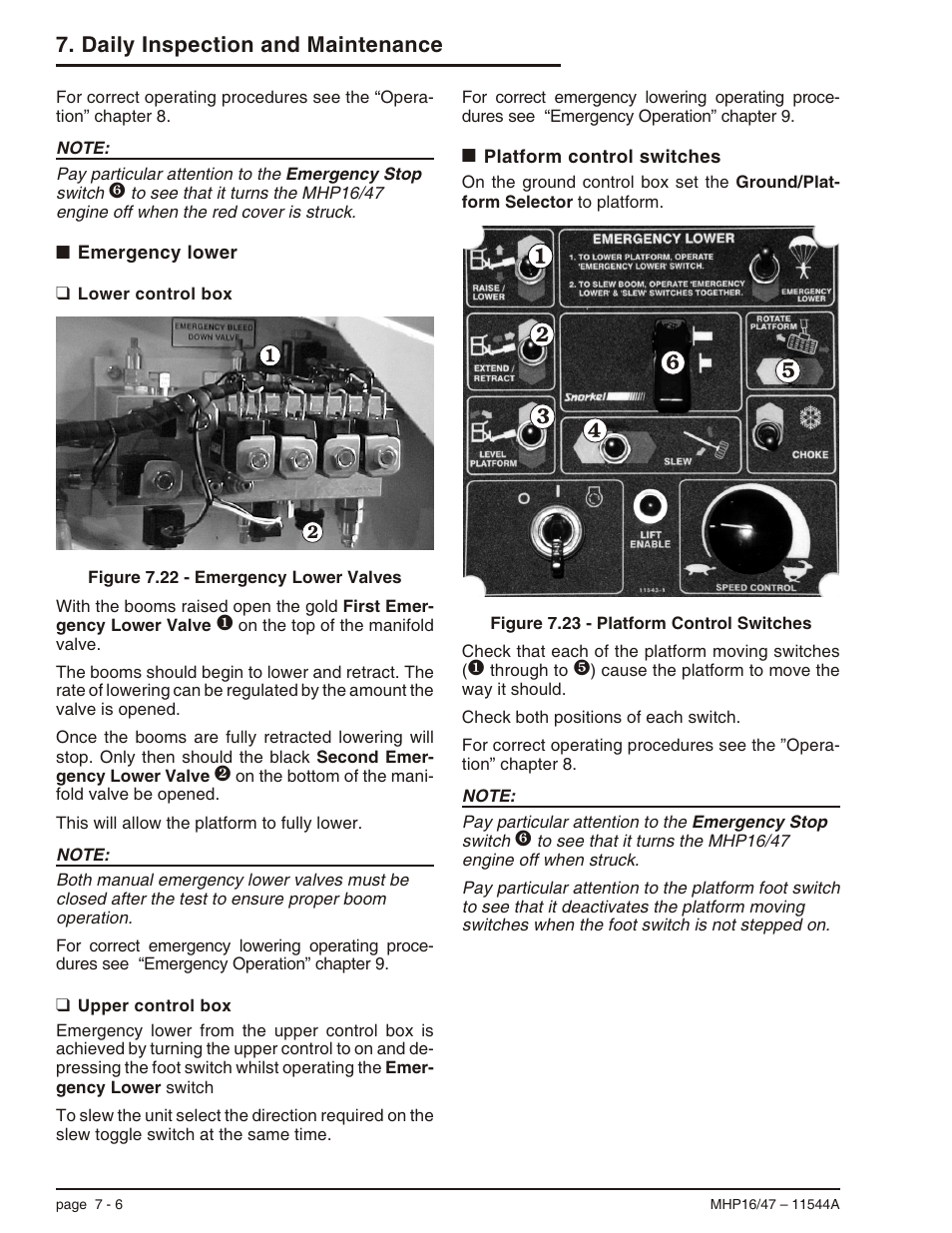 Emergency lower 7-6, Lower control box 7-6, Upper control box 7-6 | Platform control switches 7-6, Emergency lower, 7-6, Lower control box, 7-6, Emergency lower -6, Lower control box -6 upper control box -6, Platform control switches -6, Daily inspection and maintenance | Snorkel MHP17 User Manual | Page 42 / 65