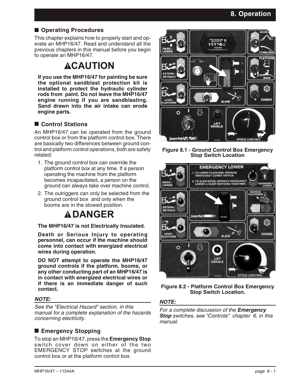 Operation, Operating procedures 8-1, Control stations 8-1 | Emergency stopping 8-1, Operating procedures, 8-1, Control stations, 8-1, Emergency stopping, 8-1, Operation, 8-1, Sandblast protection kit, 8-1, Ter 8 | Snorkel MHP17 User Manual | Page 45 / 65