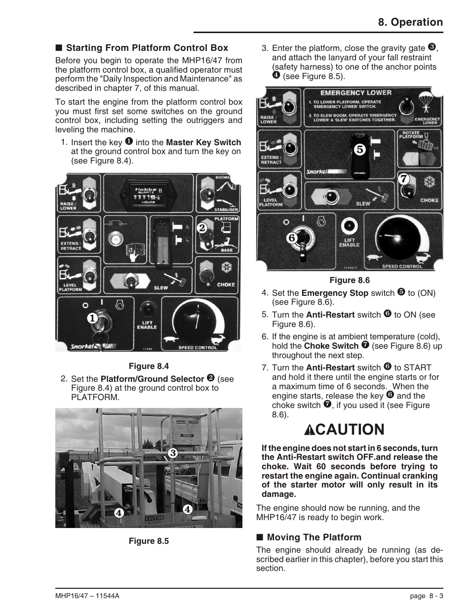 Starting from platform control box 8-3, Moving the platform 8-3, Moving the platform, 8-3 | Starting from platform control box, 8-3, Caution, Operation | Snorkel MHP17 User Manual | Page 47 / 65