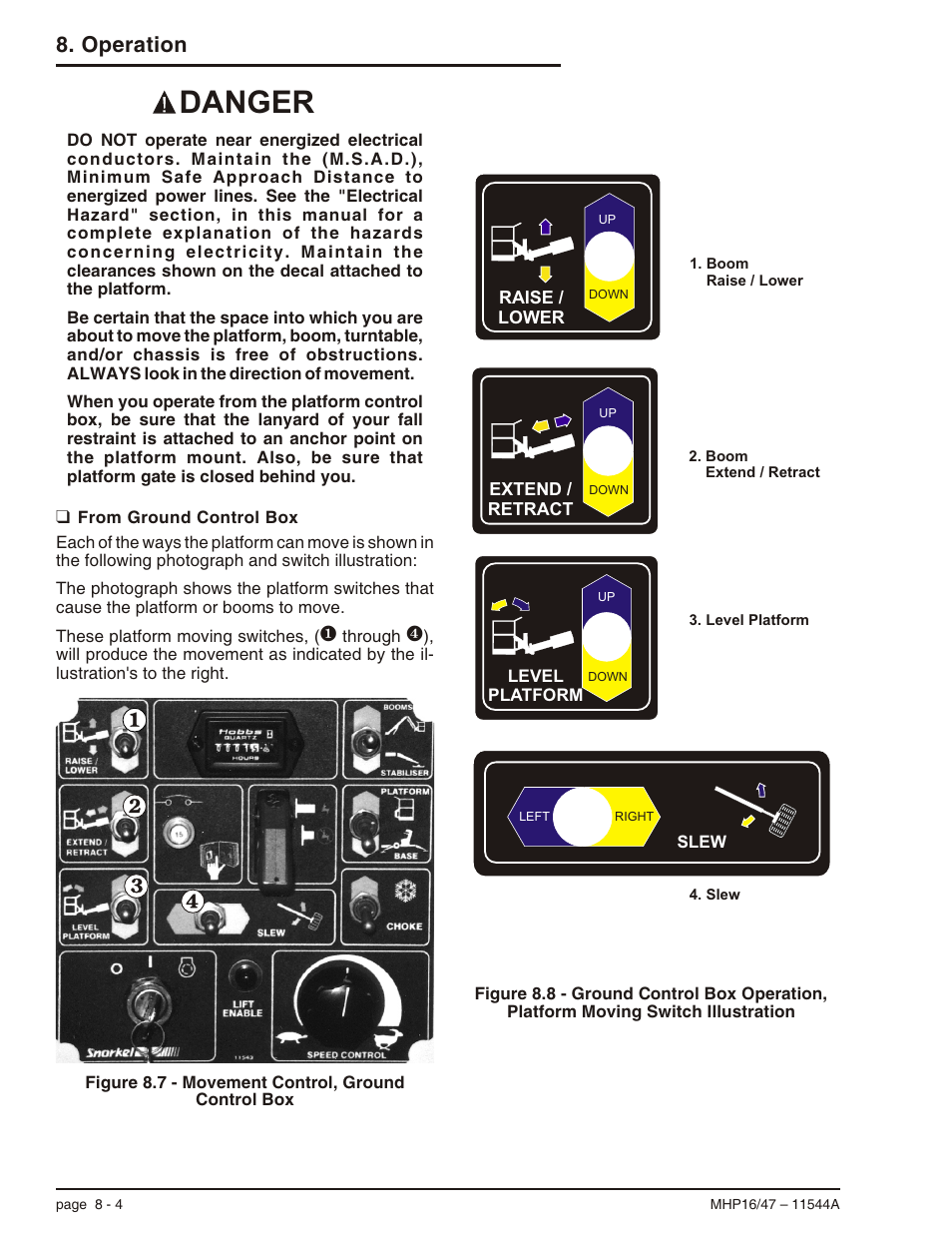 From ground control box 8-4, From ground control box -4, Danger | Operation | Snorkel MHP17 User Manual | Page 48 / 65
