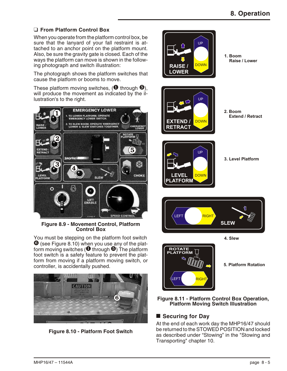 From platform control box 8-5, Securing for day 8-5, Foot switch, 8-5 | Securing for day, 8-5, From platform control box -5, Securing for day -5, Operation | Snorkel MHP17 User Manual | Page 49 / 65
