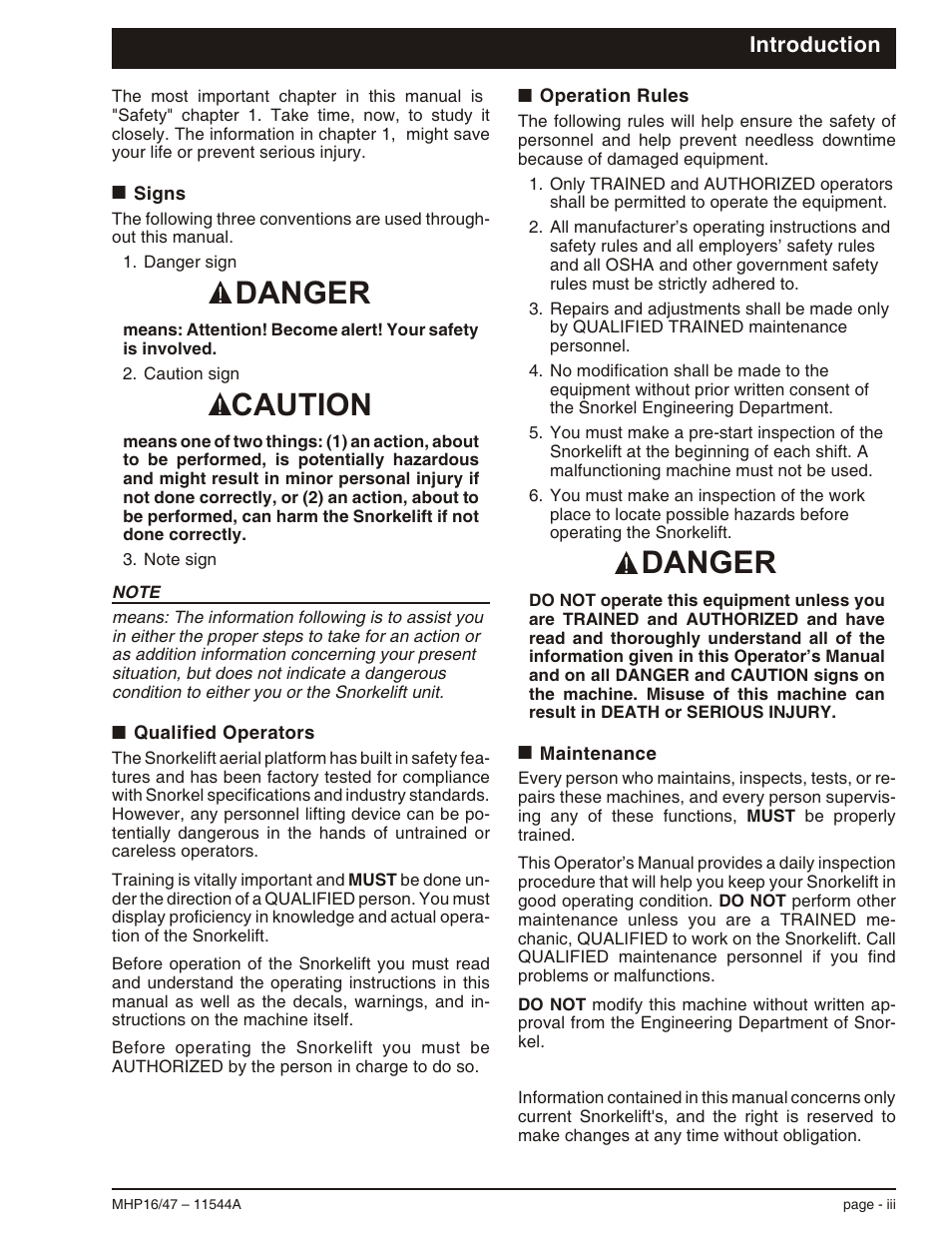 Introduction, Signs iii, Qualified operators iii | Operation rules iii, Maintenance iii, Danger caution danger | Snorkel MHP17 User Manual | Page 5 / 65