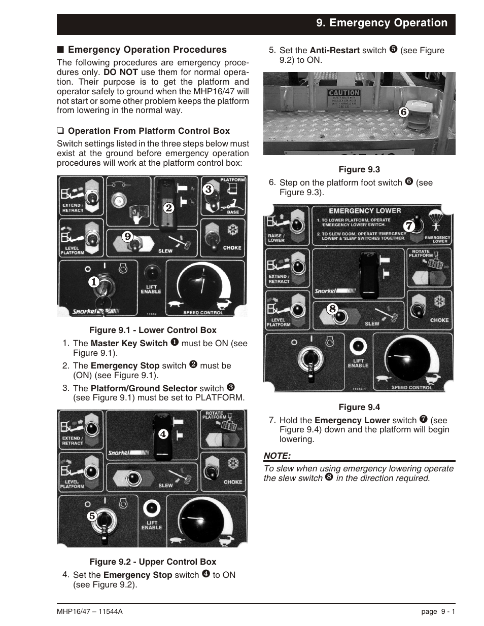 Emergency operation, Emergency operation procedures 9-1, Operation from platform control box 9-1 | Emergency operation, 9-1, Operation from platform control box, 9-1, Procedures, 9-1, Emergency operation procedures -1, Operation from platform control box -1, Ter 9 | Snorkel MHP17 User Manual | Page 51 / 65