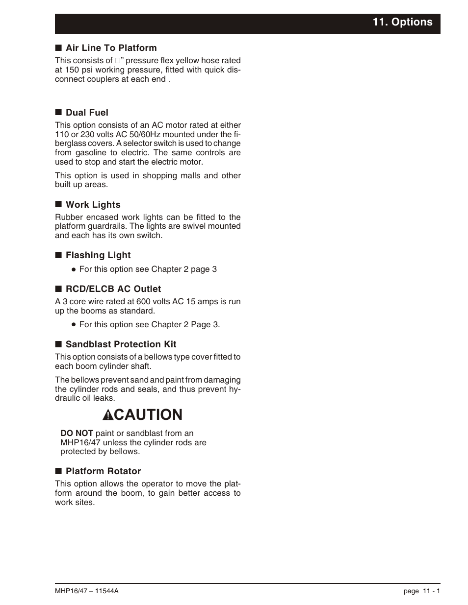 Options, Air line to platform 11-1, Dual fuel 11-1 | Work lights 11-1, Flashing light 11-1, Rcd/elcb ac outlet 11-1, Sandblast protection kit 11-1, Platform rotator 11-1, Caution | Snorkel MHP17 User Manual | Page 55 / 65