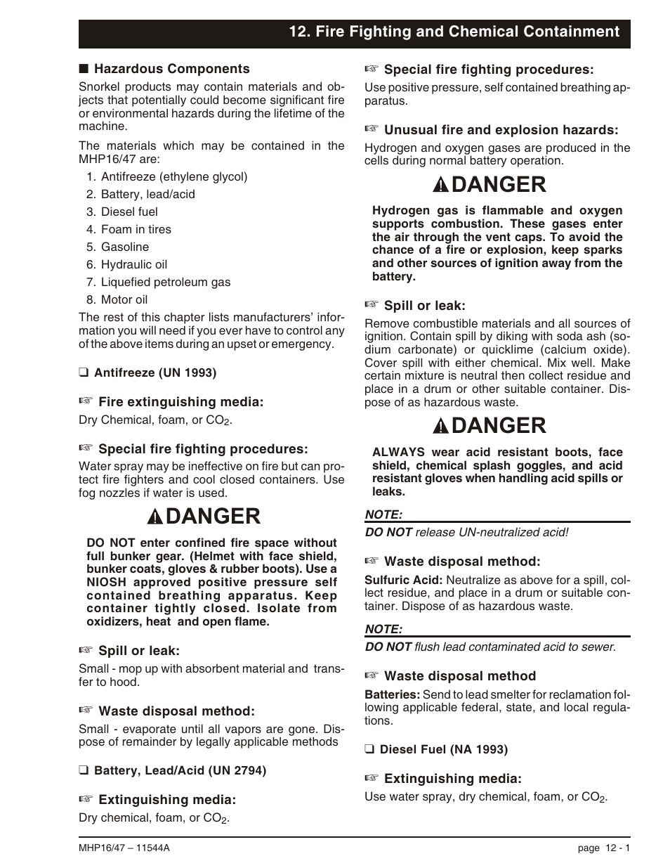 Fire fighting and chemical containment, Hazardous components 12-1, Battery, lead/acid (un 2794) 12-1 | Diesel fuel (na 1993) 12-1, Hazardous components, 12-1, Battery, lead/acid (un 2794), 12-1, Diesel fuel (na 1993), 12-1, Hazardous components -1, Danger | Snorkel MHP17 User Manual | Page 57 / 65