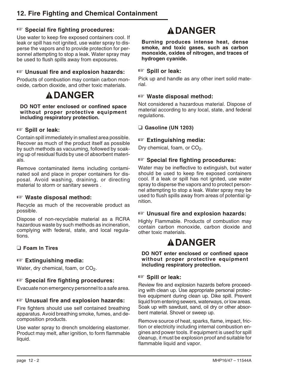 Gasoline (un 1203) 12-2, Gasoline (un 1203), 12-2, Gasoline (un 1203) -2 | Danger | Snorkel MHP17 User Manual | Page 58 / 65