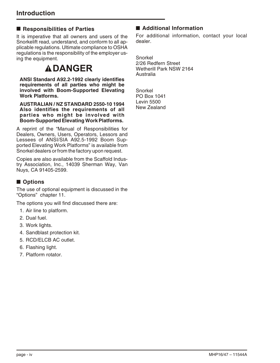 Responsibilities of parties iv, Options iv, Additional information iv | Danger, Introduction | Snorkel MHP17 User Manual | Page 6 / 65